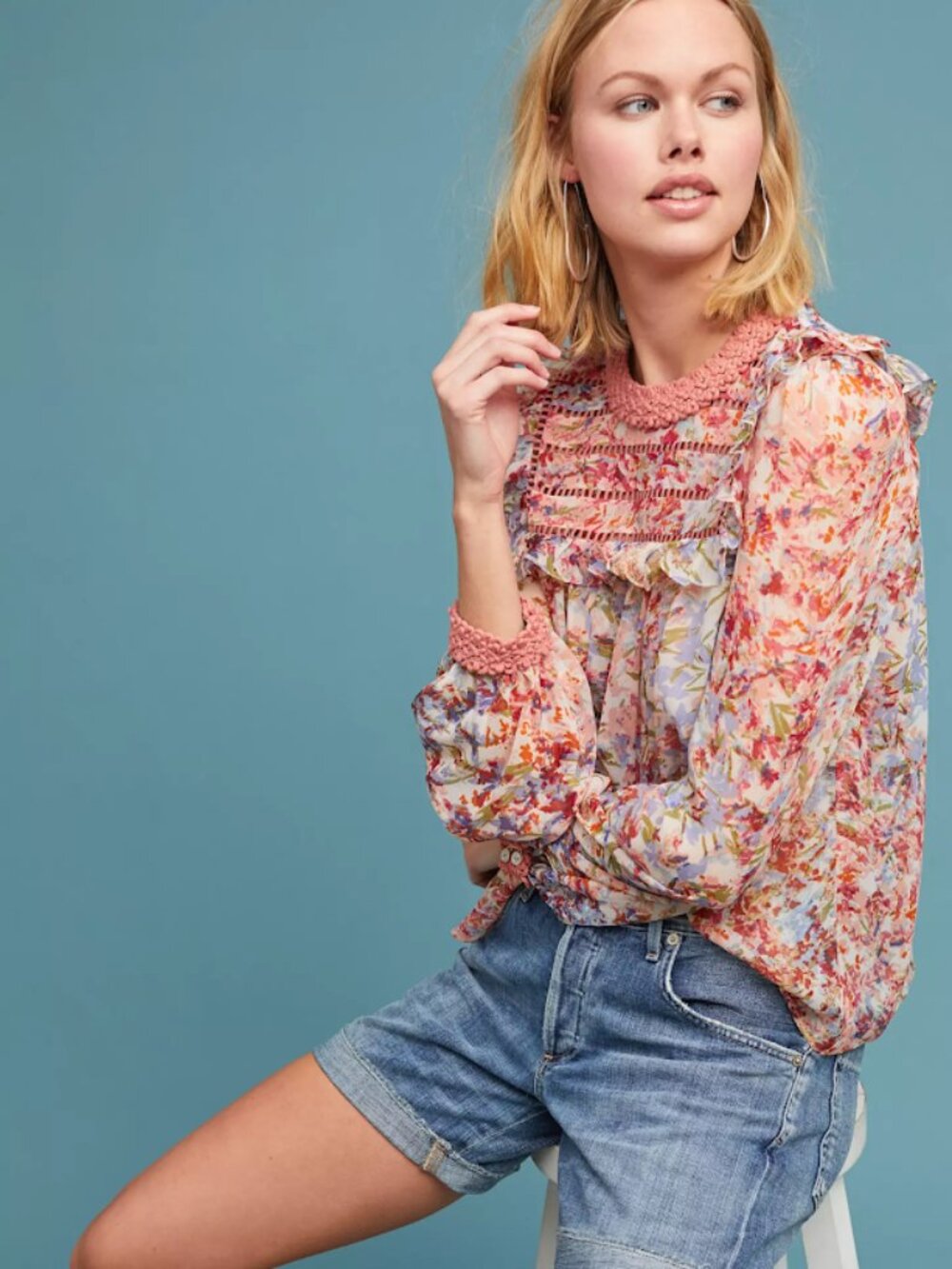 Ranna Gill Anthropologie Ruffled Floral Crochet Blouse Large L Pink Boho